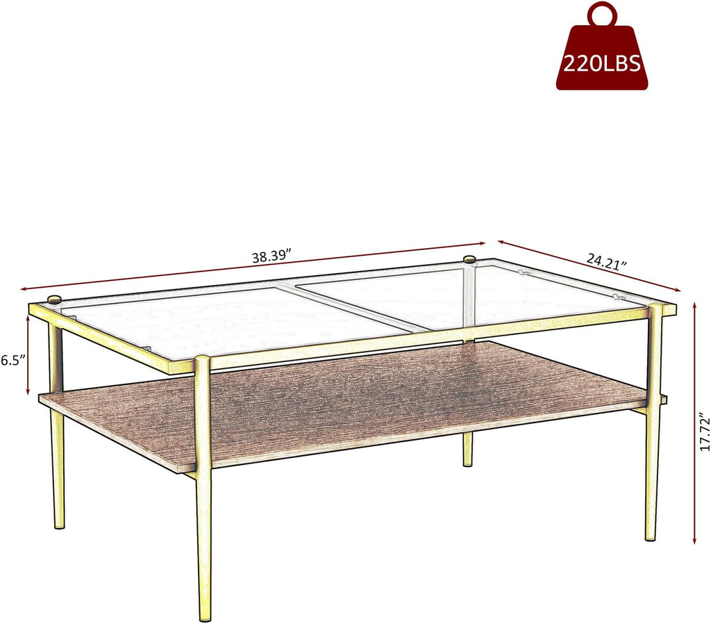 ODUSE-DAILY Coffee Table and End Table 3 Piece Living Room Set, Gold Metal Frame Glass Top End Tables, Square Top Shelf, Sofa or Couch Side Tables, Mesa de Centro para Sala (3 Pcs)