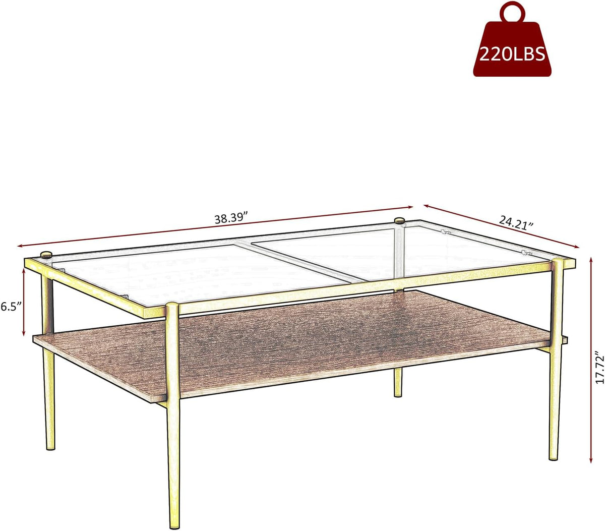ODUSE-DAILY Coffee Table and End Table 3 Piece Living Room Set, Gold Metal Frame Glass Top End Tables, Square Top Shelf, Sofa or Couch Side Tables, Mesa de Centro para Sala (3 Pcs)