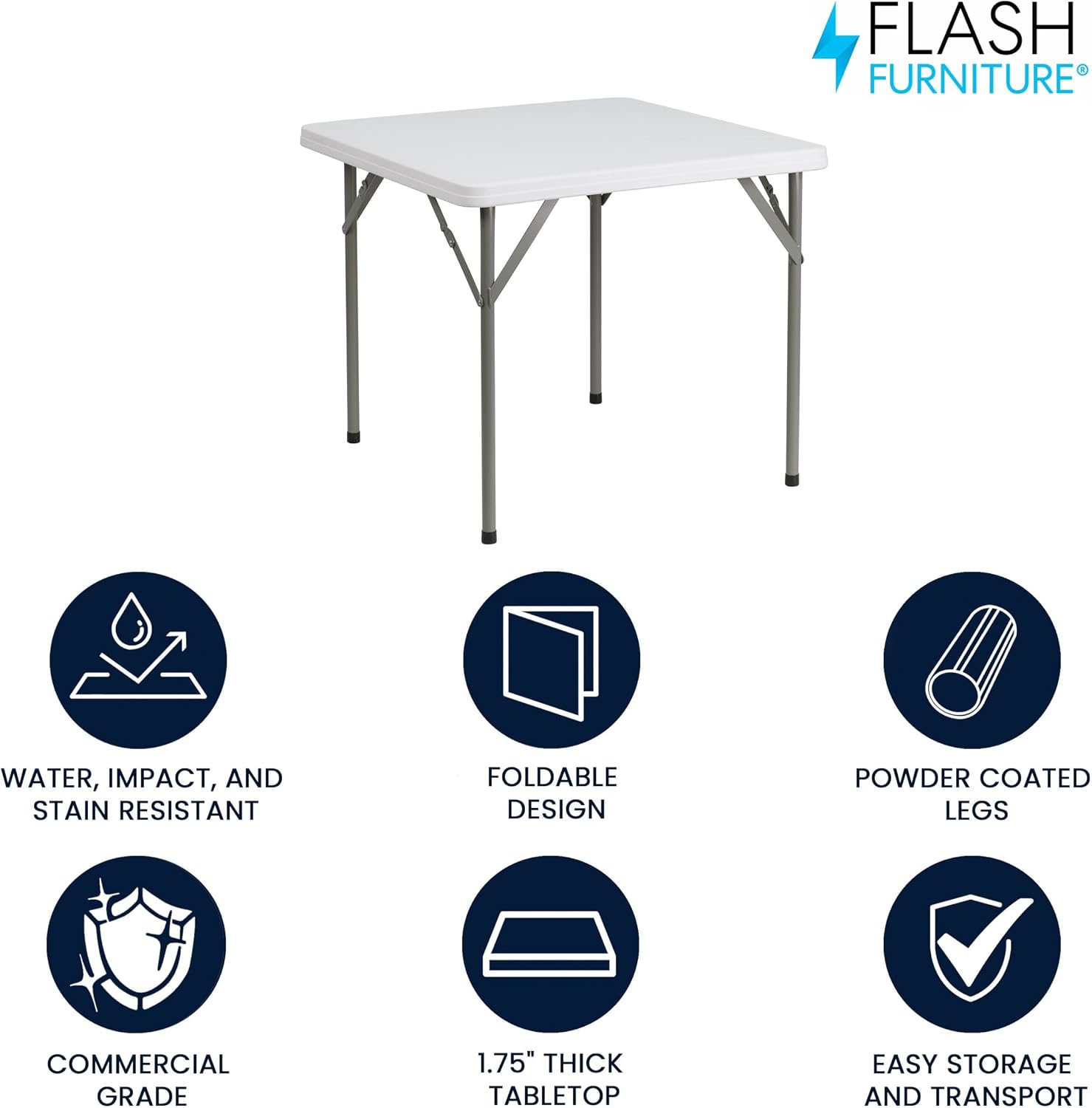 Flash Furniture Elon Square Plastic Folding Table, Portable Dining Card Table for 4 People, Indoor-Outdoor Use, 34.25", Granite White | Lightweight, Easy Storage, Commercial Grade
