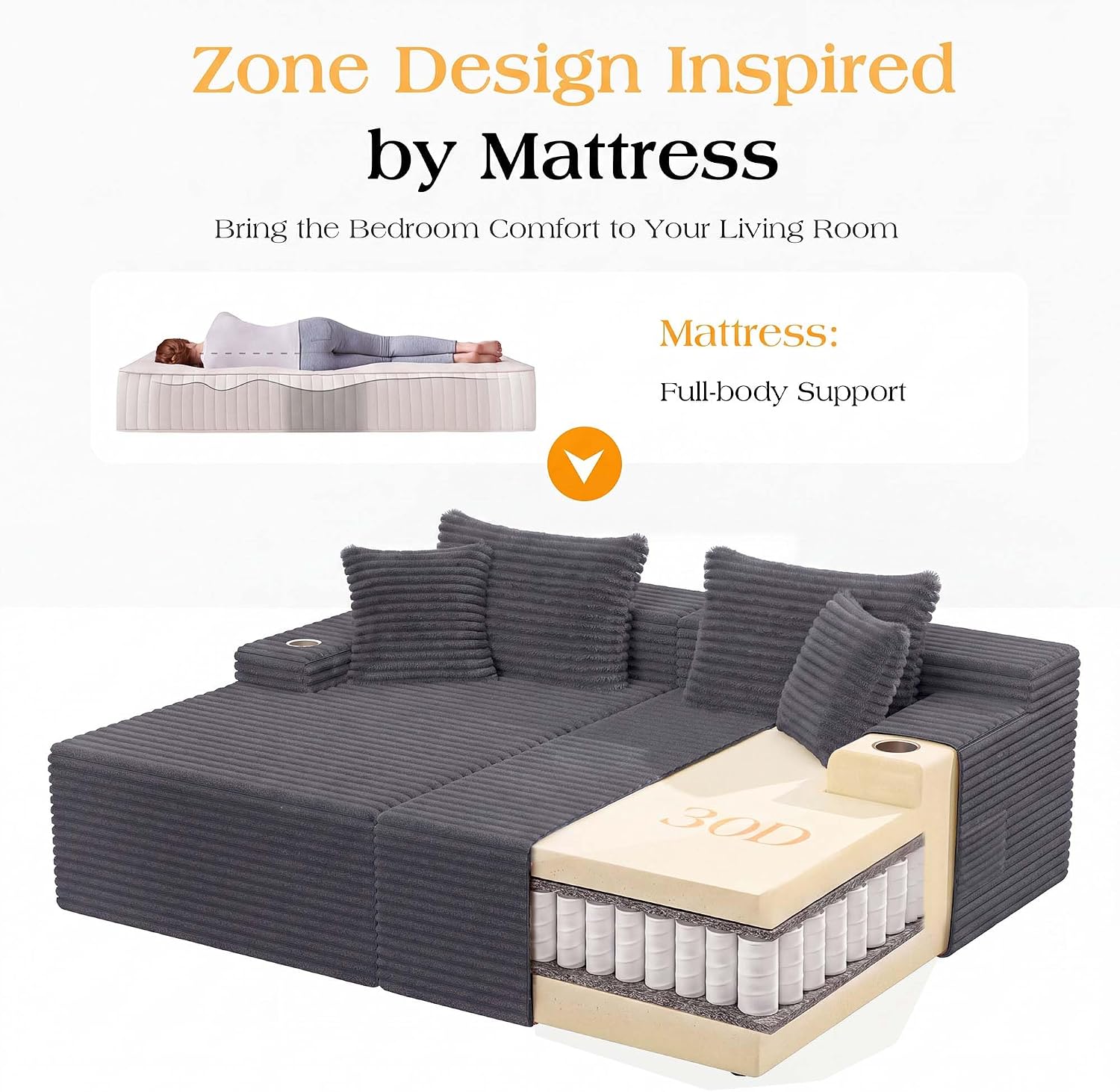85'' Loveseat Chaise Lounge Chair, Oversized Double Couch | Deep Seat Sofa Bed Sleeper Couch, Reading Chairs Cloud Sofas for Living Room, Bedroom, No Assembly, Corduroy Dark Gray