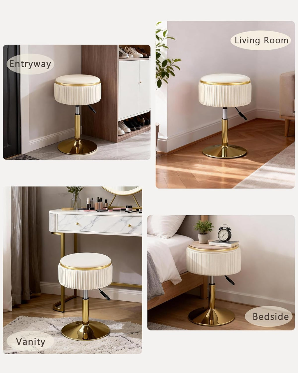 LITZFUR Adjustable Vanity Stool with Storage, 360° Swivel Gold Chair, Velvet Small Round Ottoman Footrest for Bathroom, Makeup Room, Beige