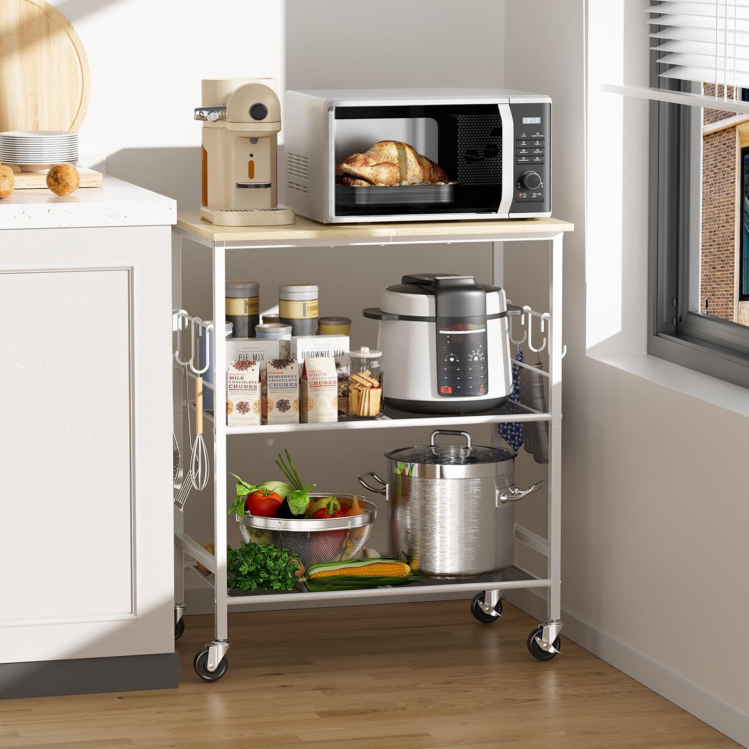 NTE Rolling Kitchen Microwave Cart, 3 Tier Microwave Stand with Storage, Small Kitchen Island on Wheels, Kitchen Storage Cart with 6 Hooks for Kitchen, Coffee Bar, Living Room, Balcony