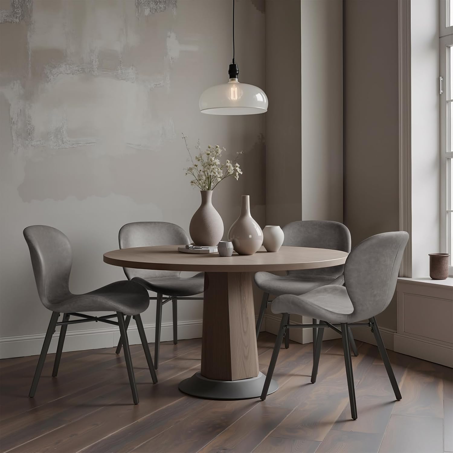 Modern Dining Chair Set of 4, Comfortable Dining Room Chairs with Thick Cushions, Faux Leather Upholstered Kitchen Armless Side Chairs, Wooden Leg for Home, Kitchen, Grey