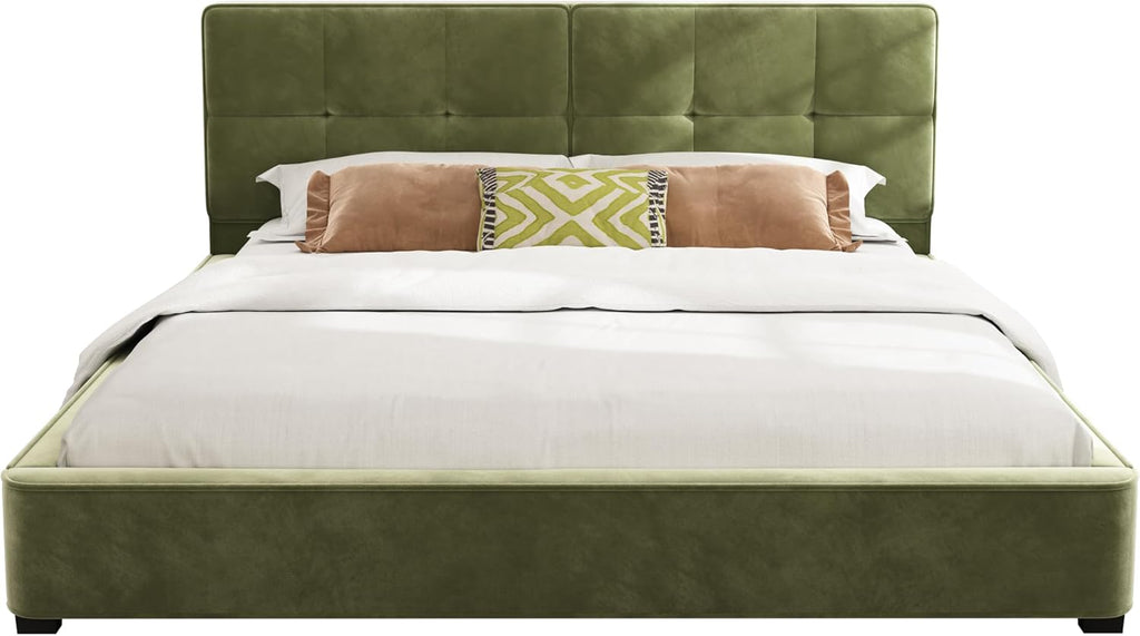 Christopher Knight Home Cordo King Size Bed, Velvet Upholstered Platform Bed, Wooden Slats Panel Support, Tufted Square Corners Haedboard, No Box Spring Needed, Easy Assembly, Oliver Green