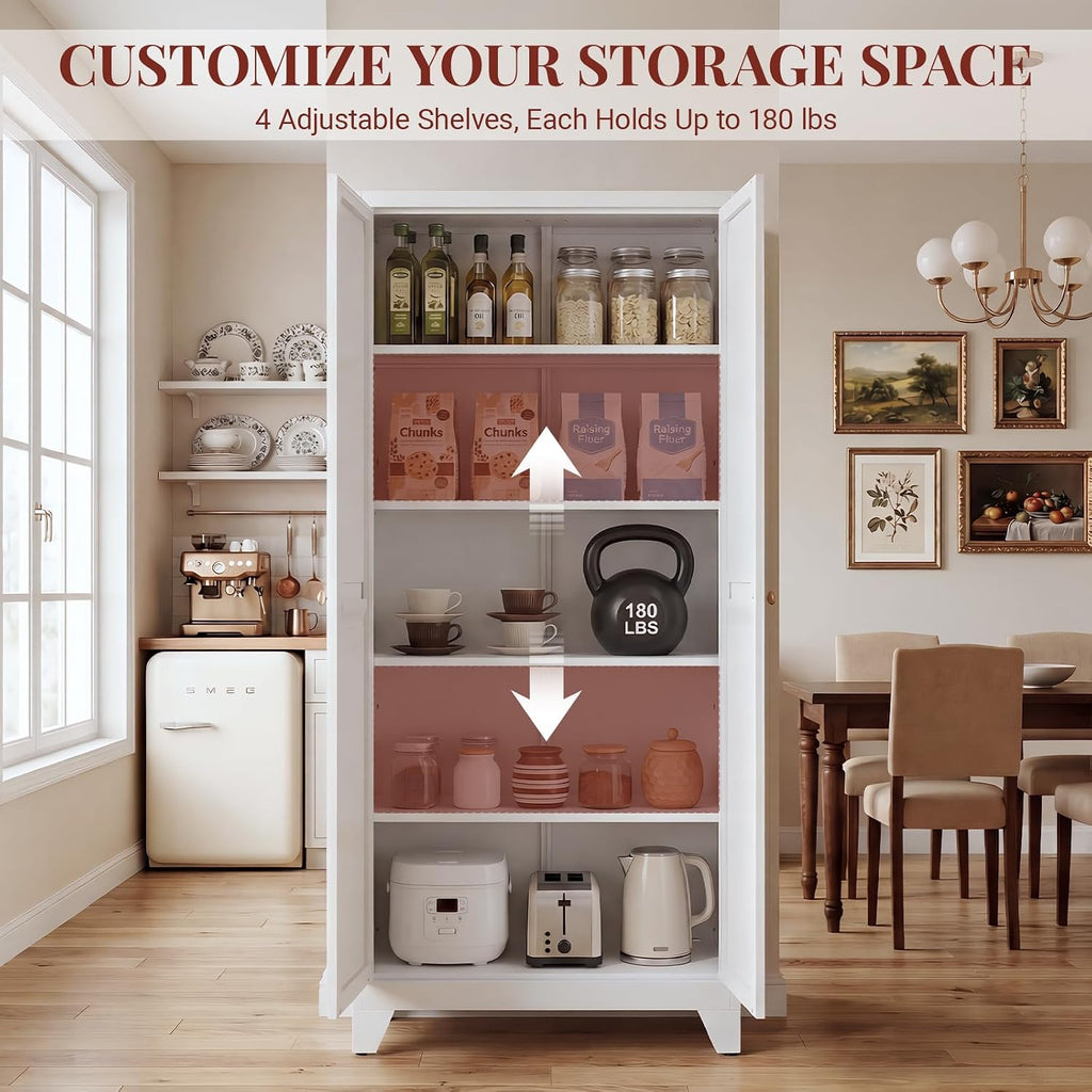 71" Metal Kitchen Pantry Cabinet with Dual Handles & Adjustable Legs, Freestanding Storage Cabinet with Doors and 4 Adjustable Shelves, Tall Food Pantry for Kitchen Dining Room, White