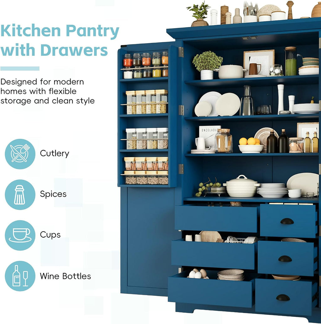 LUMISOL Kitchen Pantry with Drawers, 72" Tall Freestanding Cupboard Storage Cabinets with Door Shelves & Pull-Out Trays, Dining Storage Cabinet Cupboard with Adjustable Shelves, for Dining Room, Blue