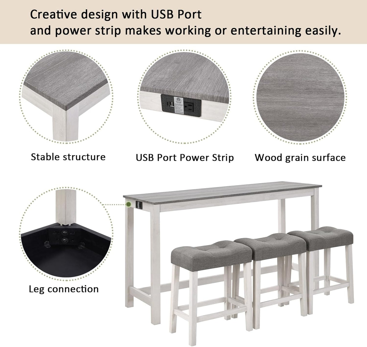 59'' Dining Bar Table and Chairs Set with Power Outlet, 4-Piece Industrial Breakfast Table Set with 3 Padded Stools, Wood Console Table Set for Kitchen Living Room Dining Room, White Grey
