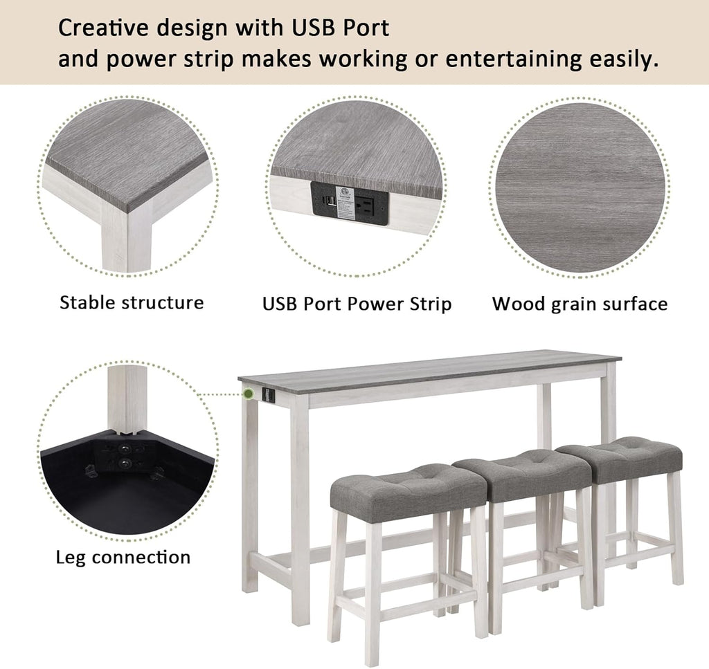 KEIKI 4-Piece Bar Table Set with Charging Ports, 59" Industrial Kitchen Table with 3 Upholstered Stools, Durable Wood Frame for Living or Dining Room, Gray & White