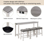 KEIKI 4-Piece Bar Table Set with Charging Ports, 59" Industrial Kitchen Table with 3 Upholstered Stools, Durable Wood Frame for Living or Dining Room, Gray & White