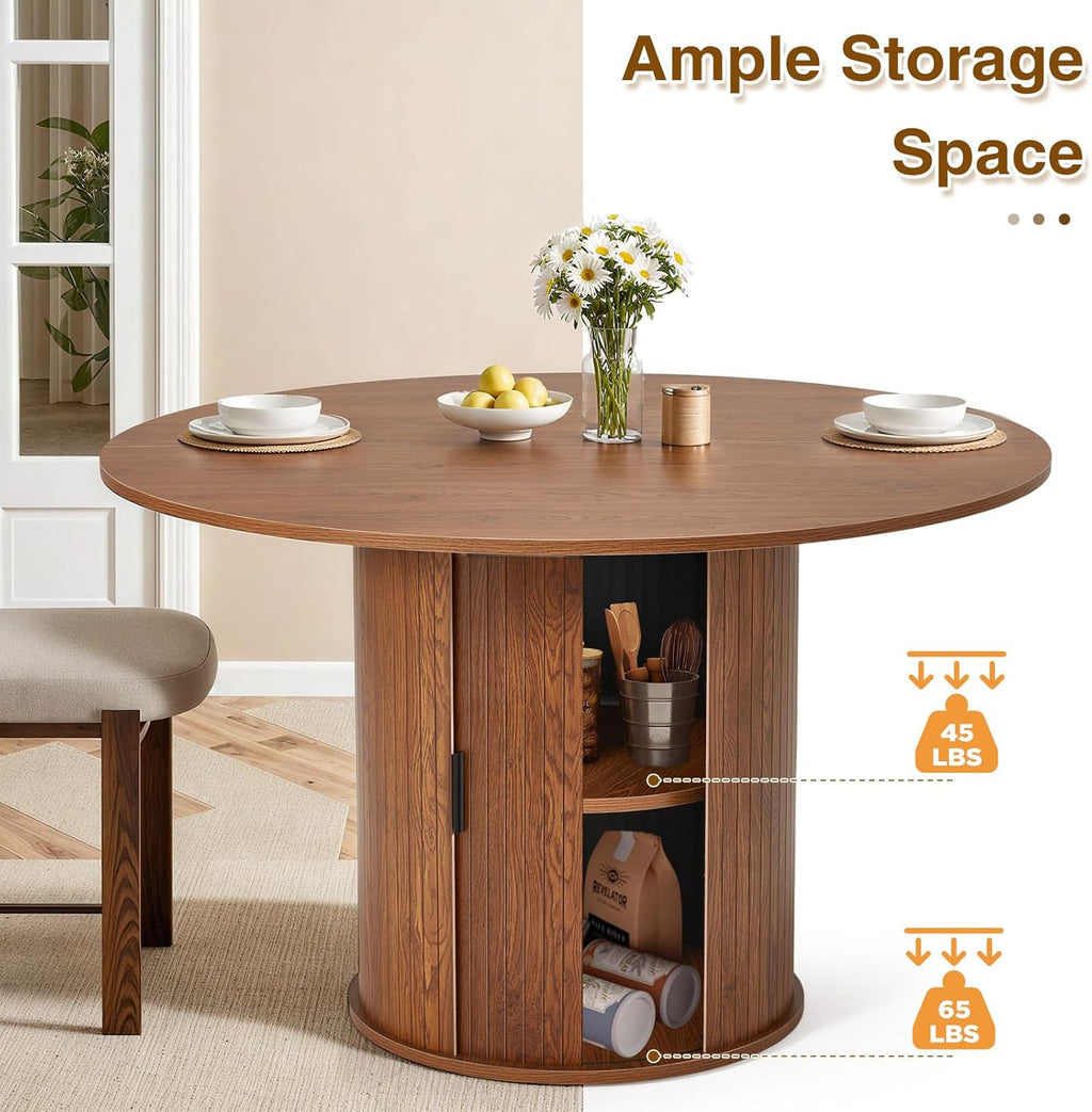 AVAWING 47-inch Round Dining Table for 4-6, Circle Fluted Kitchen Table with 2-Layer Storage Shelf and Wood Slide Door, Mid-Century Modern Fluted Design Wooden Dining Desk for Dining Room, Brown