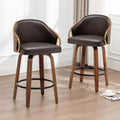 24.8" Swivel Counter Height Bar Stools Set of 2,Brown Leather Barstools Mid Century Modern Bar Chairs with Wood Legs and Golden Arms for Kitchen Dining Pub Cafe