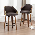24.8" Swivel Counter Height Bar Stools Set of 2,Brown Leather Barstools Mid Century Modern Bar Chairs with Wood Legs and Golden Arms for Kitchen Dining Pub Cafe