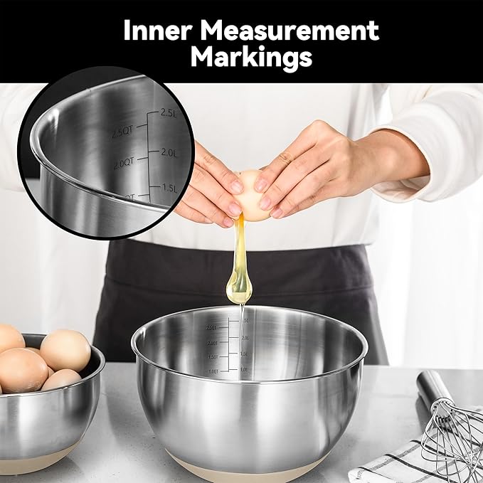 Stainless Steel Mixing Bowls with Lids – Set of 5 Large Nesting Metal Bowls for Kitchen, Baking, Cooking, Food Prep & Storage, Non-Slip Base, Dishwasher Safe,Khaki