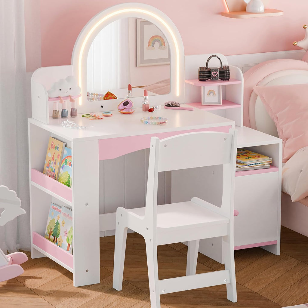 MU Kids Vanity with Lights, Girls Vanity Table and Chair Set with Lighted Mirror, Storage Cabinet, Bookshelf & Shelves, Toddler Makeup Vanity Set for Little Girls, White