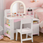 MU Kids Vanity with Lights, Girls Vanity Table and Chair Set with Lighted Mirror, Storage Cabinet, Bookshelf & Shelves, Toddler Makeup Vanity Set for Little Girls, White