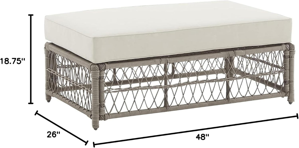 Crosley Furniture Thatcher Wicker Coffee Table and Ottoman Foot Rest for Porch, Deck, Backyard, Driftwood with Creme Cushions