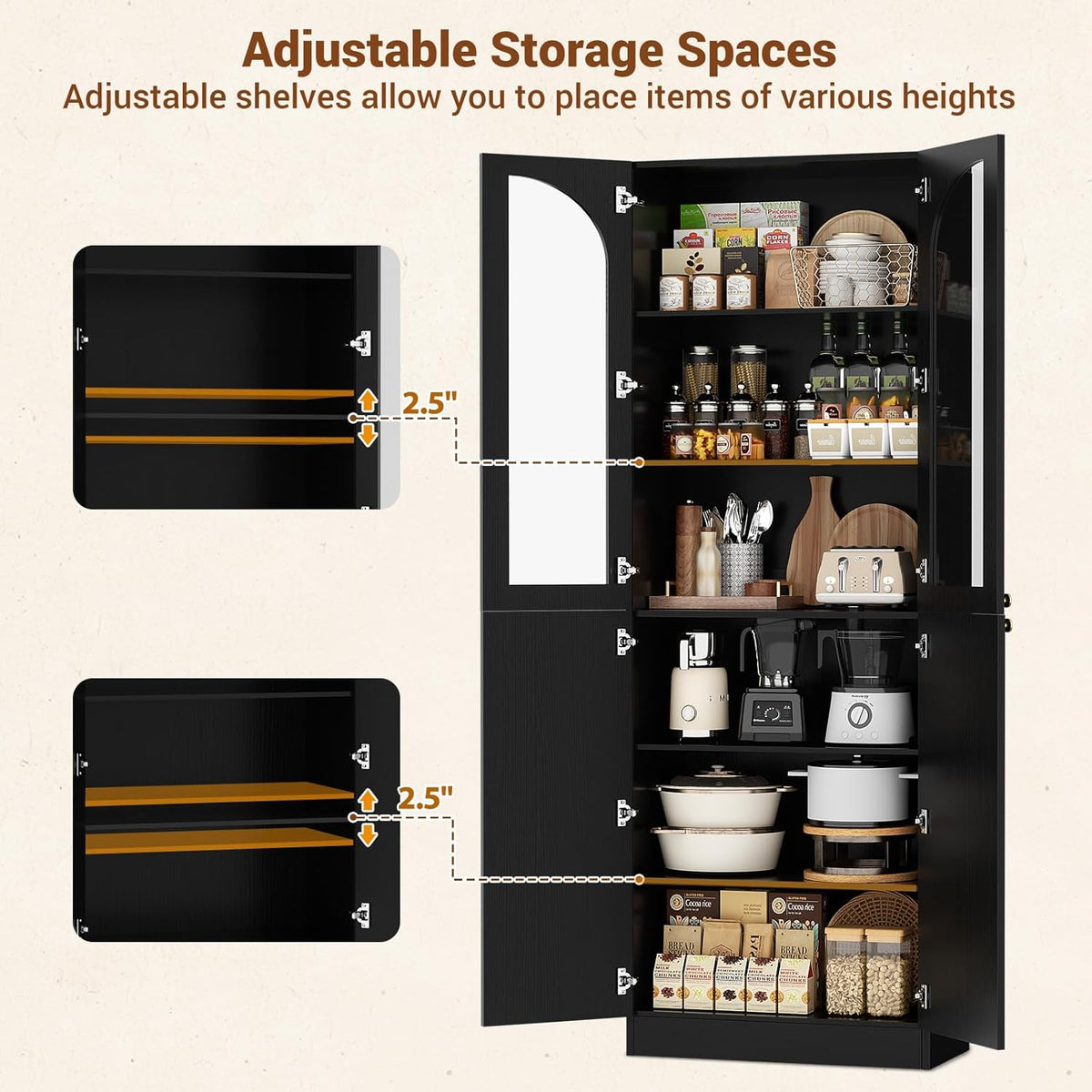 Cyclysio 80" Tall Kitchen Pantry, Wide Arch Storage Cabinets with 4 Glass Doors and Adjustable Shelves, Freestanding Wood Floor Cupboard with Seamless Fit Wall for Living Room, Dining Room