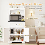 Microwave Stand with Storage and Drawer, Kitchen Pantry Storage Cabinet | Buffet Coffee Bar Cabinet with Adjustable Shelves, Charging Station, Kitchen Hutch Microwave Table for Dining Room
