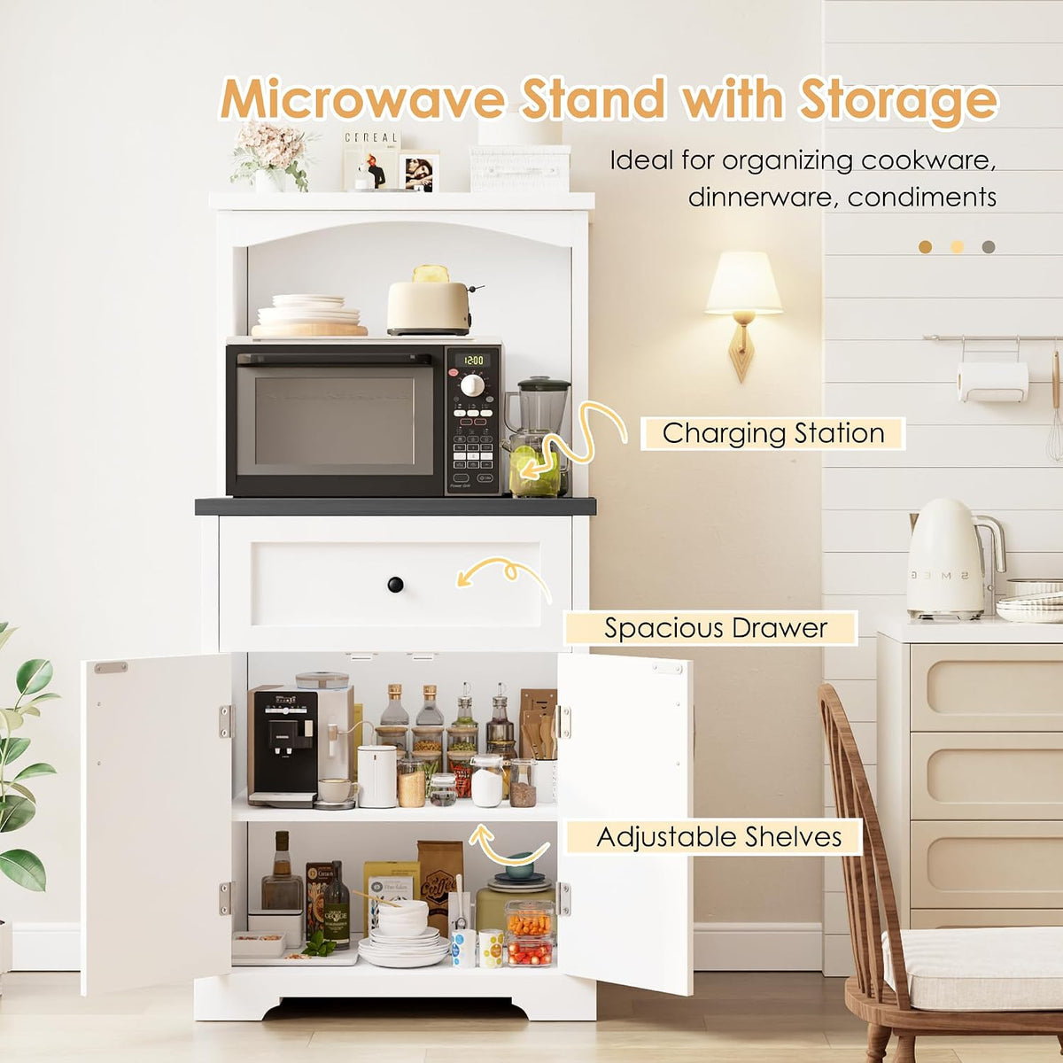 Microwave Stand with Storage and Drawer, Kitchen Pantry Storage Cabinet | Buffet Coffee Bar Cabinet with Adjustable Shelves, Charging Station, Kitchen Hutch Microwave Table for Dining Room