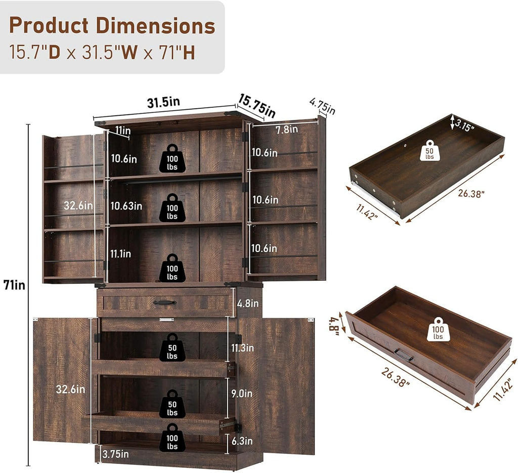 71" Tall Kitchen Pantry Cabinet with 3 Drawers,Farmhouse Storage Cabinet with 6 Barn Door Shelves,with Load-Bearing Steel Pipe and Adjustable Shelves,Pantry Organizer for Kitchen,Living Room(Brown)