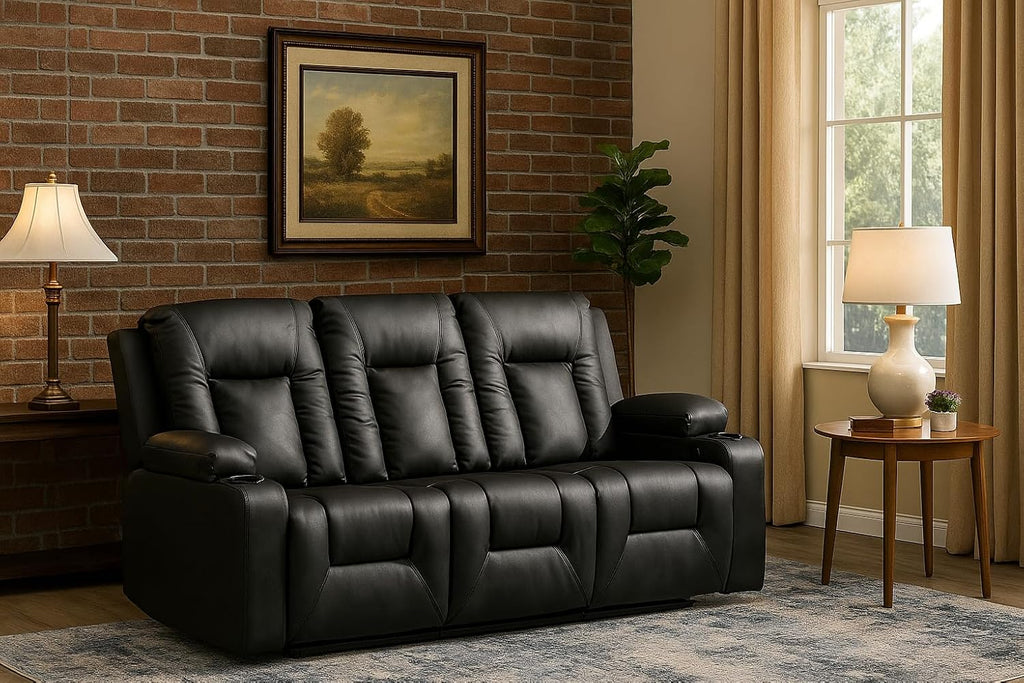 LUCKLIFE Faux Leather Recliner Sofa Set,Manual Living Room Furniture Sets | 3 Seat Reclining Sofa Couch and Loveseat with Cup Holders for Meeting Room,3+2