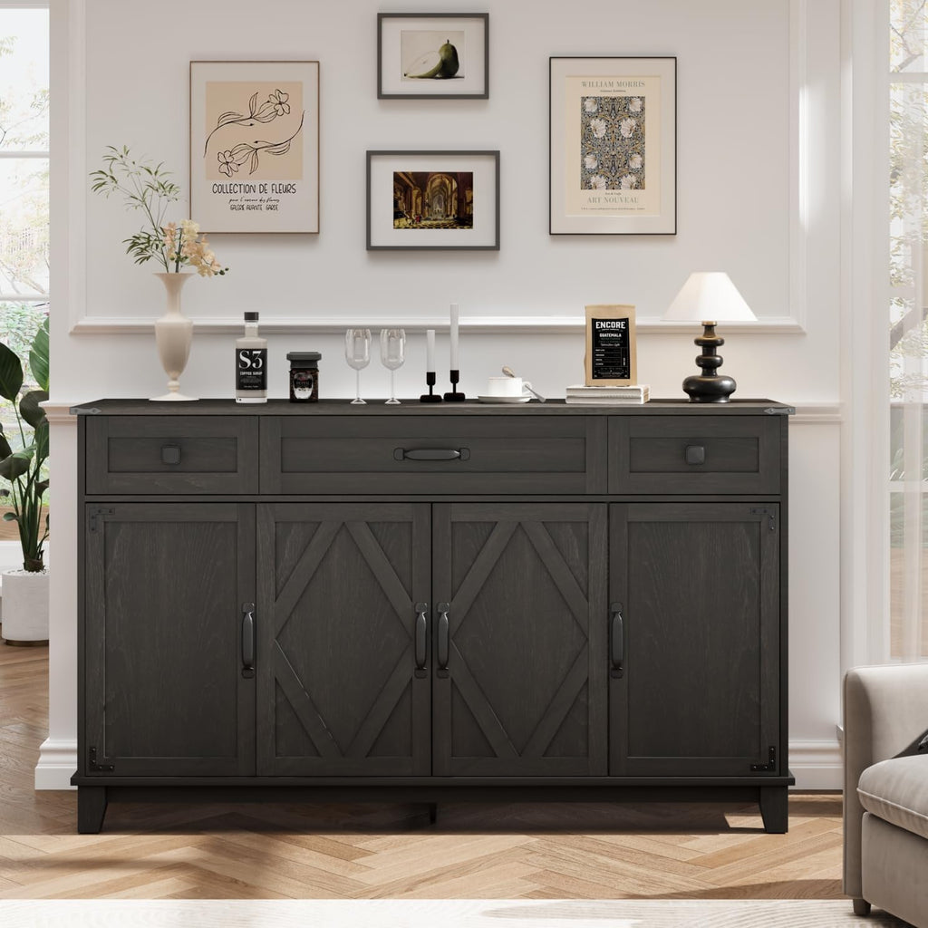 Farmhouse Buffet Cabinet with Drawers, 55" Large Sideboard Kitchen Buffet Storage Cabinet with 3 Adjustable Shelves and Doors Heightened Table Wood Coffee Bar for Kitchen Living Room, Black