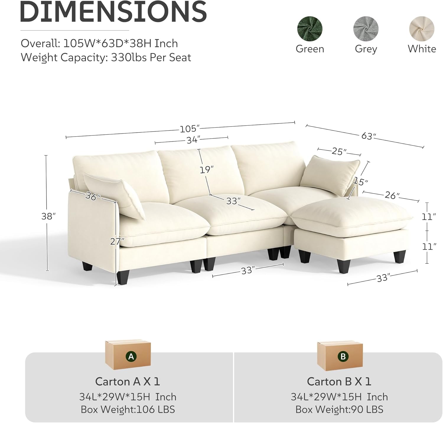 Ihanherry 105" Modular Sectional Sofa, L-Shaped Cloud Couch with Oversized Large Cushions & Movable Ottoman, Chenille Deep Seat Couch for Living Room, Beige