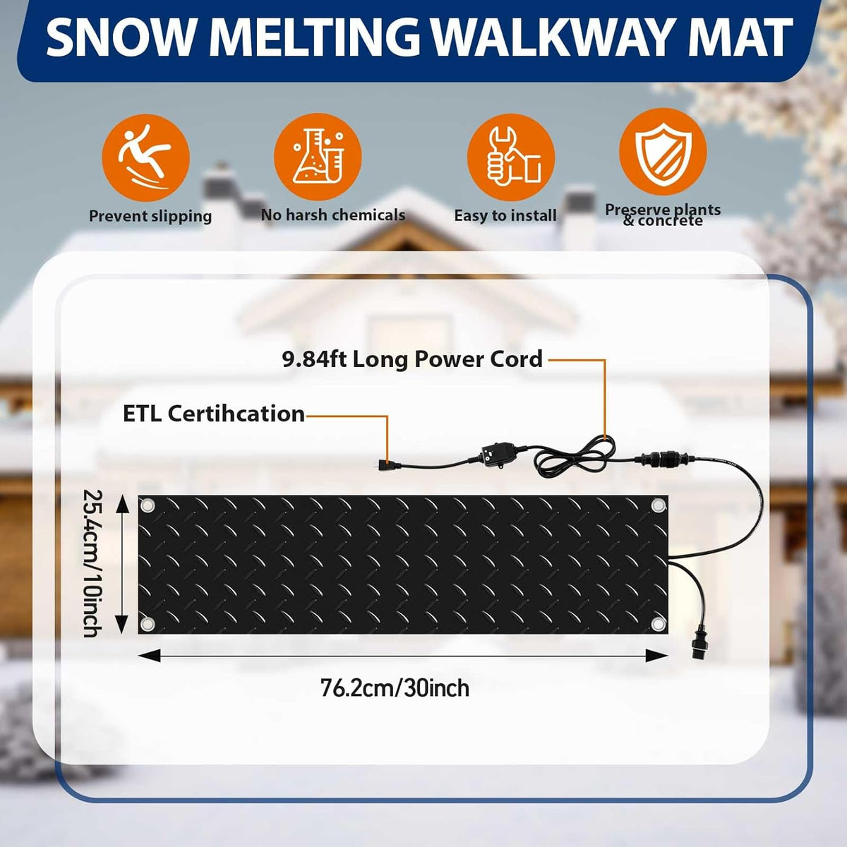 Riakrum 7 Pcs Heated Snow Melting Mats Outdoor, 10 x 30 in Winter Anti-Slip Heated Rubber Mat for Walkways Decks and Sidewalks, Snow and Ice Melting Pads Connection with 9.84 ft Power Cord