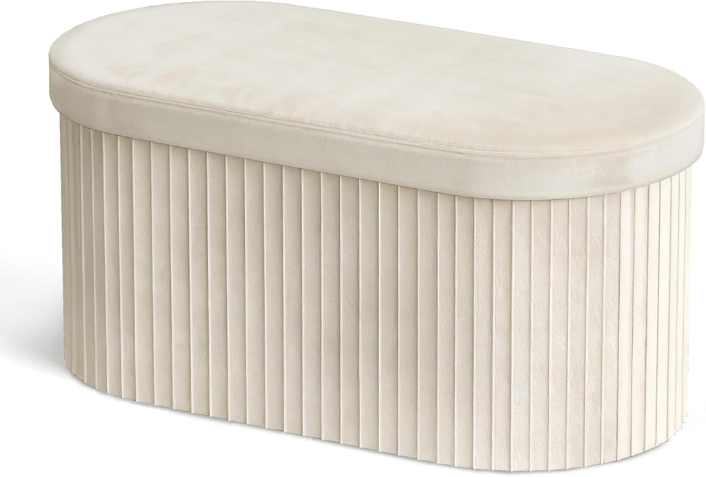 GLAXYFUR Oval Folding Storage Ottoman, Velvet Upholstered Foot Rest, 30 x 15 x 15 Inches Storage Bench for Bedroom, Living Room & Entryway, Beige