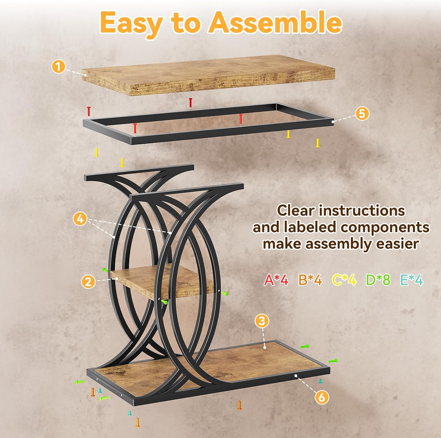 C Shaped End Table, Bed Side Table, 3-Tier Side Table with Metal Frame, Wood End Table with Storage for Living Room, Couch, Sofa, Bedroom, Easy Assembly, 23.6" D*11.8" W*23.6" H, Rustic Brown