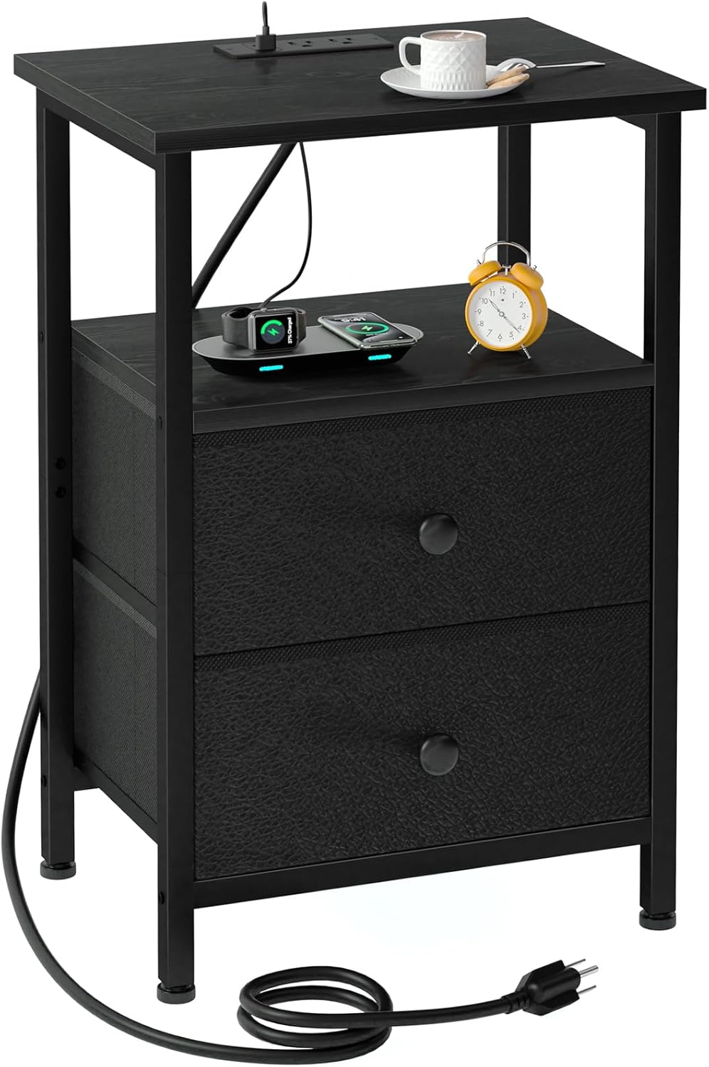 LOAKEKEL Night Stand, Small Nightstand with Charging Station | Bedside Table with 2 Fabric Drawers, End Table Living Room, Side Table with USB & Type-C Ports for Bedroom, Black