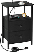 LOAKEKEL Night Stand, Small Nightstand with Charging Station | Bedside Table with 2 Fabric Drawers, End Table Living Room, Side Table with USB & Type-C Ports for Bedroom, Black