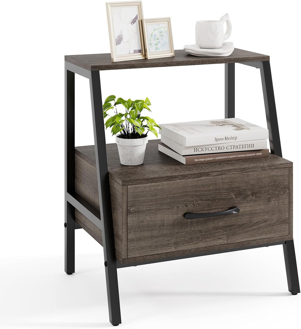 Giantex Farmhouse Nightstand with Drawer and Open Shelf, 2-Tier Bedside Table with Metal Frame, Stable End Table for Bedroom or Living Room, Rustic Gray