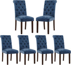 COLAMY Button Tufted Dining Chairs Set of 6, Parsons Upholstered Fabric Dining Room Chair Kitchen Chairs with Wood Legs and Padded Seat, Blue
