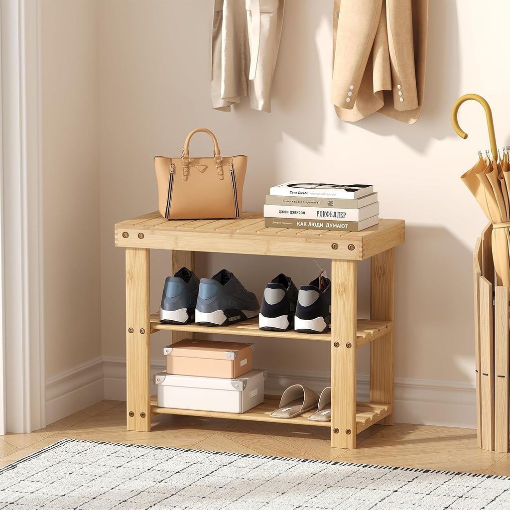 Simple Deluxe Shoe Rack Bench, 3-Tier Bamboo Storage Organizer, 286lb Capacity Entryway Bench for Front Door, Bedroom, Living Room, Bathroom, Balcony, Stylish Shoes Wood (11.3 x 19.7 x 17.8 Inches)