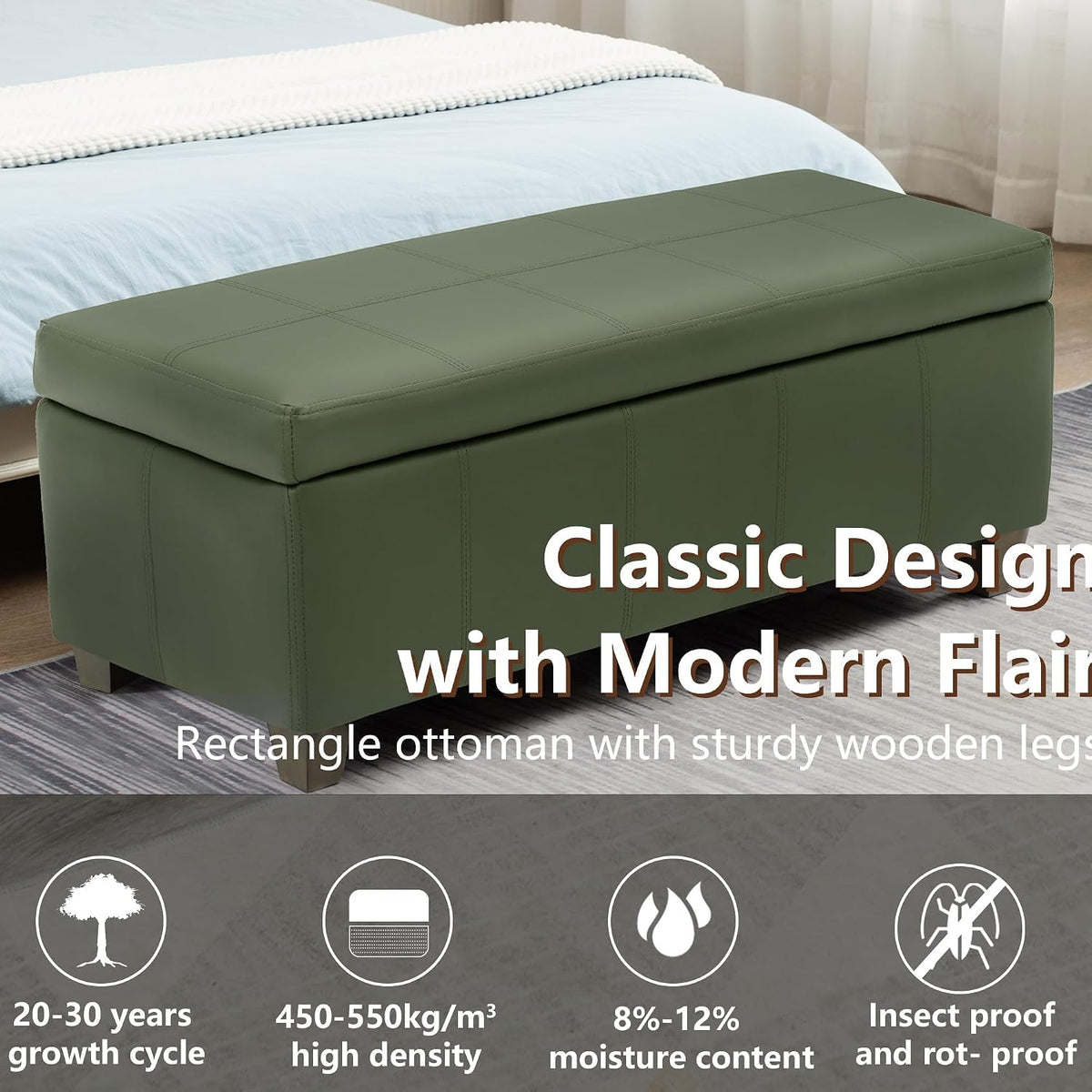 51 Inch Storage Ottoman, Storage Bench with Safety Hinge, Upholstered Synthetic Leather Ottoman Bench for Bedroom, Living Room, Entryway, Hallway, Foot Rest, Support 500lbs