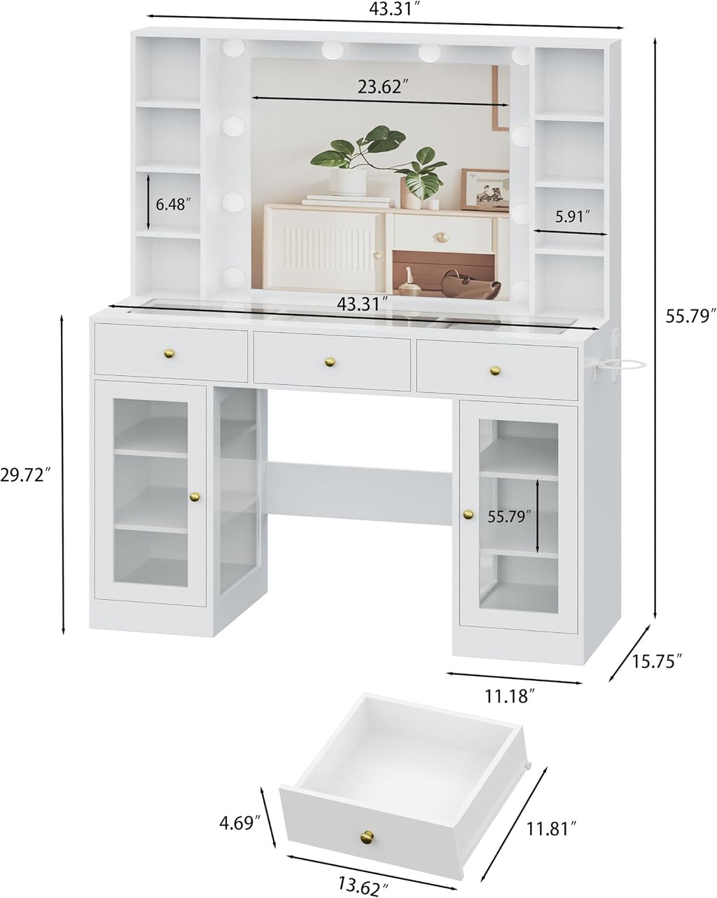 HUANLEGO White Vanity Desk with Mirror and Lights, Glass Top Vanity with Lighted Mirror & RGB Glass Cabinet and 3 Drawers, Makeup Vanity Desk with Lights Dressing Table for Bedroom, 3 Color Modes