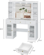 HUANLEGO White Vanity Desk with Mirror and Lights, Glass Top Vanity with Lighted Mirror & RGB Glass Cabinet and 3 Drawers, Makeup Vanity Desk with Lights Dressing Table for Bedroom, 3 Color Modes