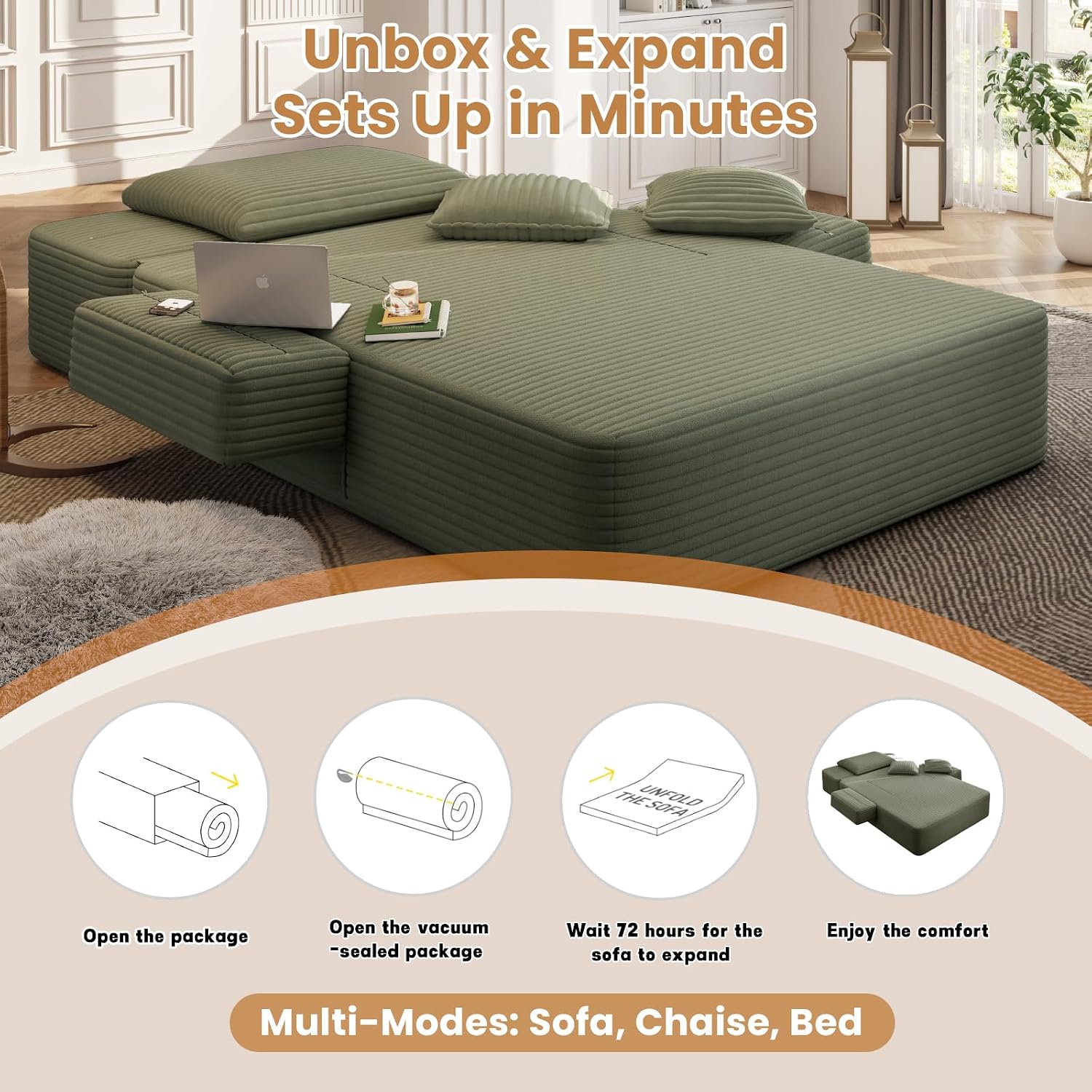 60.2 Inch Chaise Lounge Chair Indoor, Oversized Chaise Lounge with Adjustable Backrest and Armrests, Luxurious Corduroy Convertible Sofa Bed with Storage Pocket for Small Spaces, Apartment (Green)