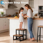 2 Step Stool for Adults Wooden Step Stool with 500 Lbs, Rustic Brown | Kitchen Step Stool, 3 in 1 Heavy Duty Stepping Stool, Tall Bedside Foot Stool for Kichen/Bathroom/Bedroom High Beds, Non-Slip