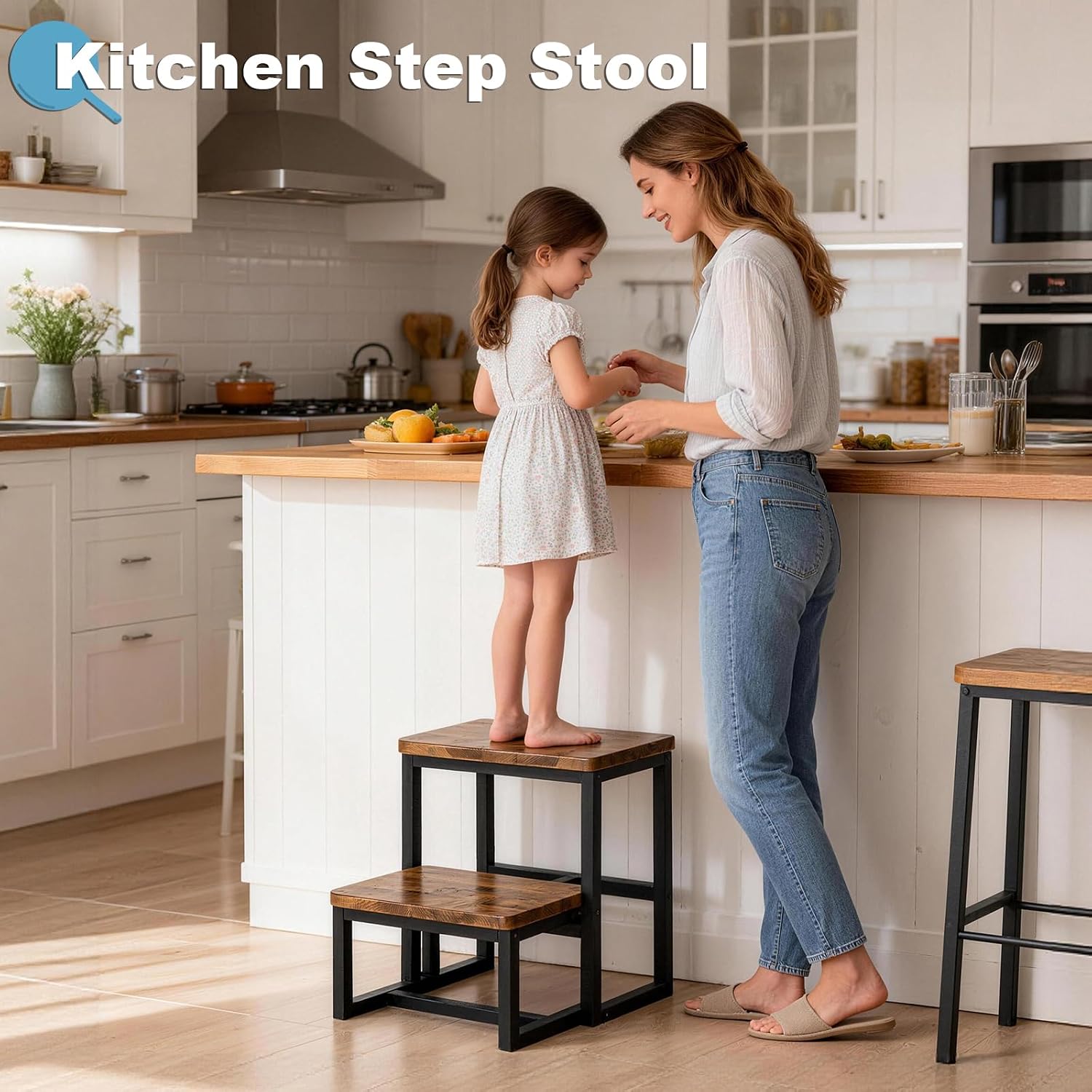 2 Step Stool for Adults Wooden Step Stool with 500 Lbs, Rustic Brown | Kitchen Step Stool, 3 in 1 Heavy Duty Stepping Stool, Tall Bedside Foot Stool for Kichen/Bathroom/Bedroom High Beds, Non-Slip
