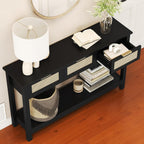 Luoxiao Rattan Console Table 3-Drawer 47" Narrow Black Entryway Sofa Table | Trendy Boho Hallway Foyer Storage, Open Shelf, Sturdy Wooden Entry Table for Living Room, Couch, Easy Assembly, Anti-Tip