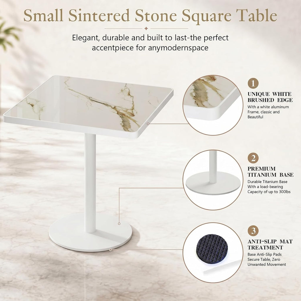 Square Dining Table,31.5'' Small Modern Square Dining Table, Sintered Stone Tulip Tables for 2–4 with Aluminum Alloy Edge&White Metal Base, Bistro Tables for Restaurants/Small Spaces/Marble White Gold