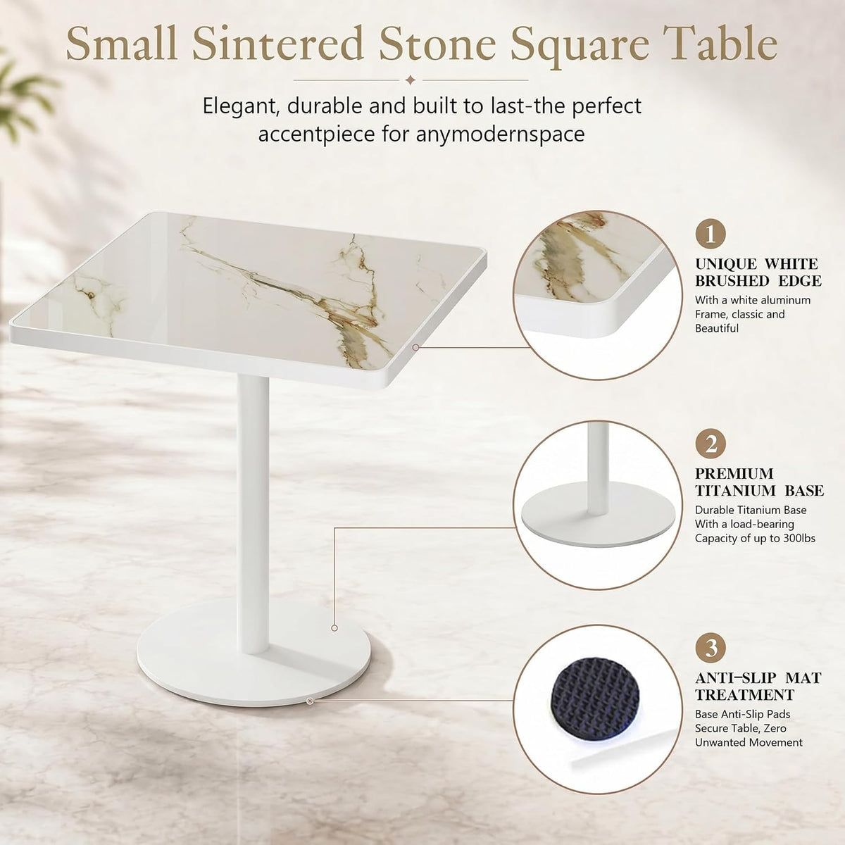 Square Dining Table,31.5'' Small Modern Square Dining Table, Sintered Stone Tulip Tables for 2–4 with Aluminum Alloy Edge&White Metal Base, Bistro Tables for Restaurants/Small Spaces/Marble White Gold