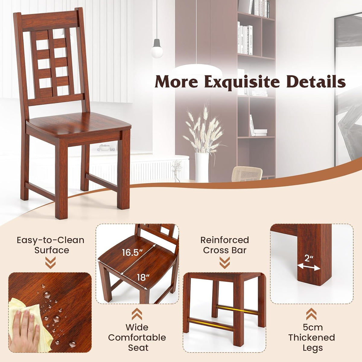 GIANTEX Wooden Dining Chairs Set of 2, Kitchen Chair w/Solid Rubber Wood Frame, High Hollowed Backrest, Wide Seat, 400 LBS Load, Farmhouse Side Chairs for Kitchen, Dining Room, Living Room