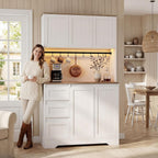 70.8'' LED Pantry Cabinet with Charging Station, Tall Kitchen Pantry Storage Cabinet with Countertop & Cup Hooks, Farmhouse Kitchen Hutch with Storage Drawers for Dining Room, White