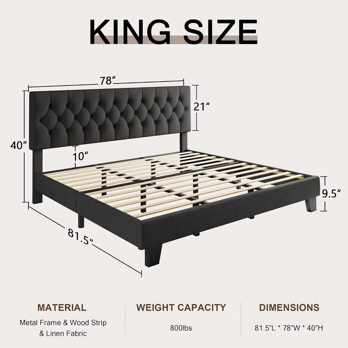 Einhomn King Size Upholstered Bed Frame with Headboard, Tufted Button Linen Bed Base, Platform Bed with Heavy Duty Wood Slat Support, No Box Spring Needed, Easy Assembly, Noise-Free, Dark Grey