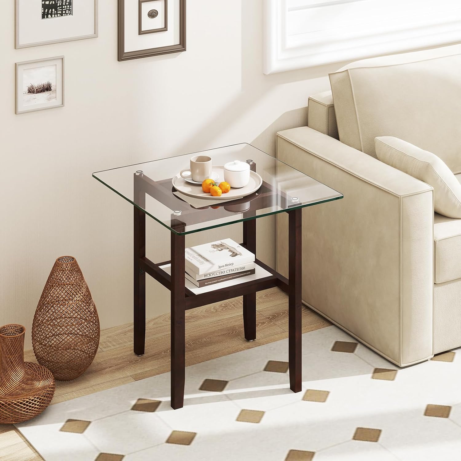 Tangkula 24" Square Glass Side Table, 2-Tier End Table with Storage Shelf & Rubber Wood Frame, Modern Accent Sofa Table for Living Room, Home, Office, Brown (1, Brown)