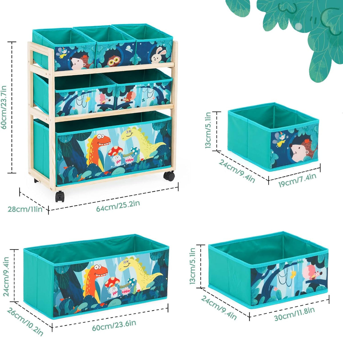 Jomifin Toy Storage Cart with Wheels, 6 Bins Organizer for Kids | Sturdy pine wood frame with 360° rolling wheels & brakes. 6 removable foldable fabric bins. Compact design saves space