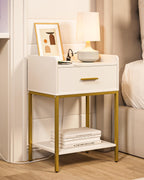 Aienvey Nightstand with Charging Station,Bedside Table with Drawer and 2 Shelf Storage, Small Side Table, Modern White Night Stand, Tall End Table for Bedroom, Living Room